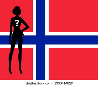 Black silhouette of a woman on the background of the flag of Norway. National beauty contest. Fashion show. Vector illustration
