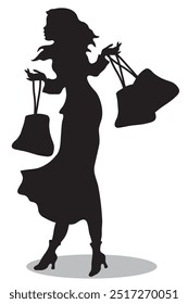 Black silhouette of woman on white background shopping on a windy day