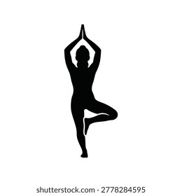 Black silhouette of a woman performing tree pose (vrikshasana) in yoga Vector