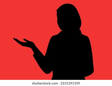 Black silhouette of woman presenting hand white background