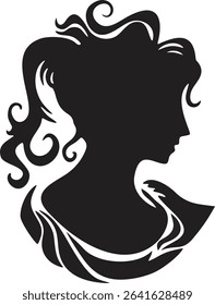 A black silhouette of a woman in profile with curly hair styled in an elegant updo. The decorative design has a vintage, cameo-like aesthetic, evoking classical beauty, femininity, and timeless elegan