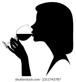 Silueta negra de mujer de perfil con un vaso en la mano y un vino bebiendo. Dibujo retro estilizado. Ilustración del vector