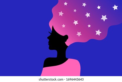 Black silhouette of woman profile with long gradient blue-pink hair gradually merging with background, stars in hair, pink one-shoulder blouse, long eyelashes. Blue background. Graphics, illustration