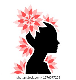 Black silhouette of a woman in the red flowers of ornamental geometric style. T-shirt print design.