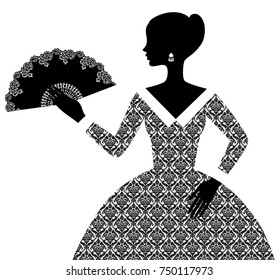 Black silhouette of woman in retro ornamental dress with open fan isolated on white. Vector illustration