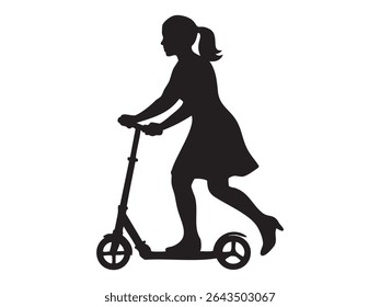 Black silhouette of a woman riding a kick scooter, isolated on white background, graphic illustration. concept of active lifestyle, urban transport, sport, icon, energetic motion.