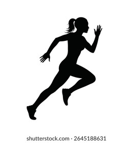 Black silhouette of a woman running energetically against a white background The style is simple and graphic The mood is dynamic and determined