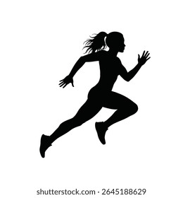 Black silhouette of a woman running with ponytail hair against a white background The vector illustration shows a dynamic pose conveying determination and speed