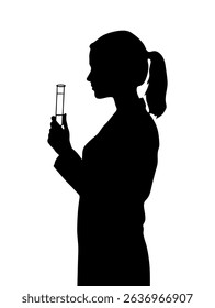 Black silhouette woman scientist in lab coat with test tube in hand. Vector design.