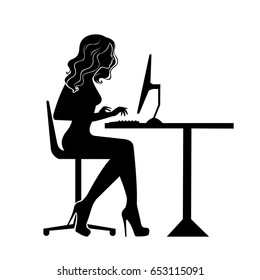 Black Silhouette Of A Woman Sitting Behind A Computer Icon, Vector, Working Woman. 