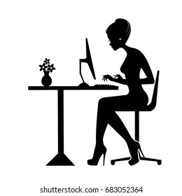 black silhouette of a woman sitting behind a computer icon, vector, working woman. Businesswoman or student working at laptop, workplace concept