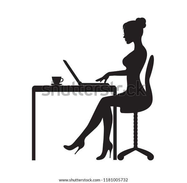 Black Silhouette Woman Sitting Table Laptop 스톡 벡터 로열티 프리 1181005732