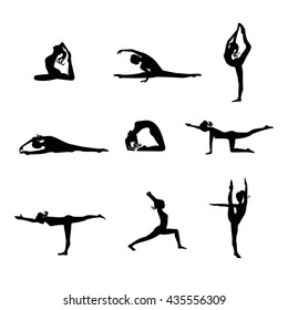 Black Silhouette Woman stretching. Woman stretching training vector set. Set of silhouette stretching exercises. Black figures sporty woman vector illustration. 