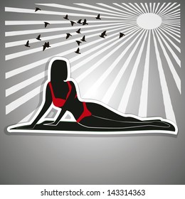 black silhouette of woman sunbathing on a beach or pool with red bikini, sun rays black and white and gray background