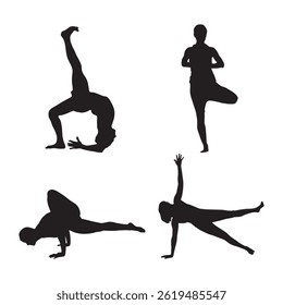 Black Silhouette of a Woman in Various Yoga Poses.