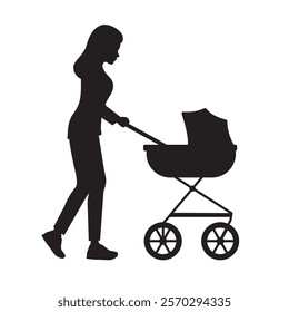 Black silhouette of woman walking with a baby stroller. Vector illustration isolated on white background