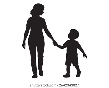 Black silhouette of a woman walking with a child boy, isolated on white background, graphic illustration. concept of parent, mother and son, family bond, caring, motherhood, design element.