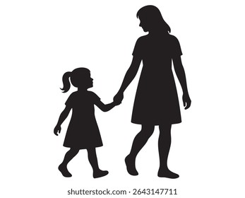 Black silhouette of woman walking hand in hand with child girl, isolated on white background, graphic illustration. concept of family, mother and daughter, bond, parenting, design element.