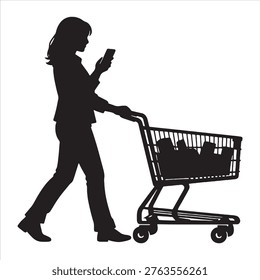 A black silhouette of a woman walking while pushing a shopping cart and using her smartphone with a white background