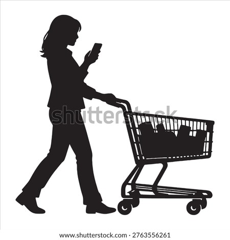 A black silhouette of a woman walking while pushing a shopping cart and using her smartphone with a white background