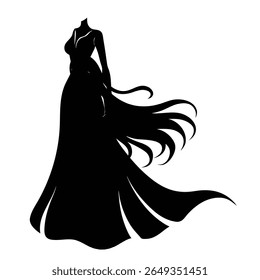 Uma silhueta preta de uma mulher usando um vestido longo e fluente. Seu cabelo é retratado como longo e soprado, criando uma sensação de movimento e drama contra um fundo branco.