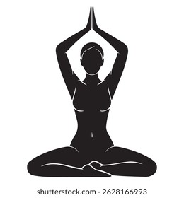 Silhueta preta da mulher na pose de ioga. As mãos estão levantadas acima da cabeça dela. Ela está sentada com as pernas cruzadas. É um design simples, mas elegante.