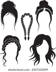 black silhouette of a woman's face with different hairstyles. There's a bun, a braid, a bun with two braids wrapped around it, and a loose wavy hairstyle.