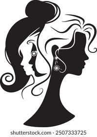 A black silhouette of a woman's face with different hair styles. The woman has a long neck and wear earrings.