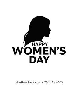 A black silhouette of a woman's face in profile is positioned within the text Happy Women's Day The style is simple and bold against a white background