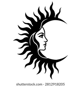 Black silhouette of a womans face surrounded by sun rays and crescent moon.