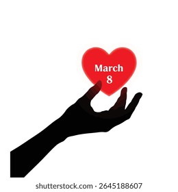 A black silhouette of a womans hand gently cradles a glowing red heart The heart features the text March 8 in white