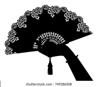 Black silhouette of woman's hand with open fan isolated on white. Vector illustration