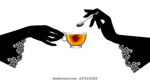 Black silhouette of woman's hands in lace sleeves holding transparent glass cup with tea and spoon isolated on white. Vector illustration 