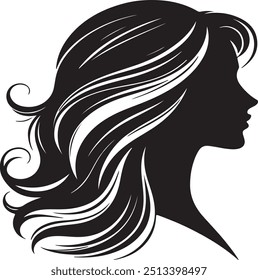 A black silhouette of a woman's profile with flowing hair. The hair is detailed with white streaks, adding a sense of movement and texture to the otherwise minimalistic design