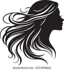 Uma silhueta preta do perfil de uma mulher com cabelo fluindo. O cabelo é detalhado com listras brancas, adicionando uma sensação de movimento e textura ao design minimalista