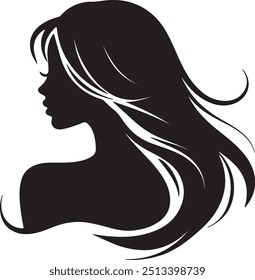 A black silhouette of a woman's profile with flowing hair. The hair is detailed with white streaks, adding a sense of movement and texture to the otherwise minimalistic design