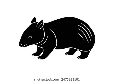 A black silhouette of a wombat in linocut style, this vector art illustration captures the animal's distinctive form with bold, clean lines. Perfect for nature-themed designs and artistic projects.
