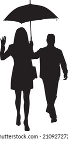 Black silhouette women and man with umbrella 