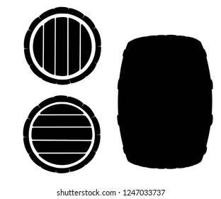 Black silhouette. Wooden barrel with metal bands. Wine or beer keg. Flat vector illustration isolated on white background.