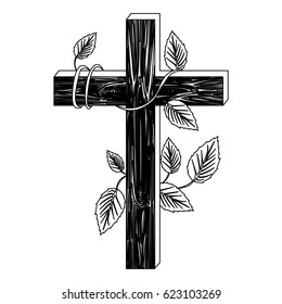 Black Silhouette Of Wooden Cross And Creeper Plant Vector Illustration