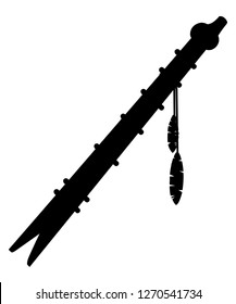 Black silhouette. Wooden flute with Native american pattern. Musical instrument with feathers. Flat vector illustration isolated on white background.