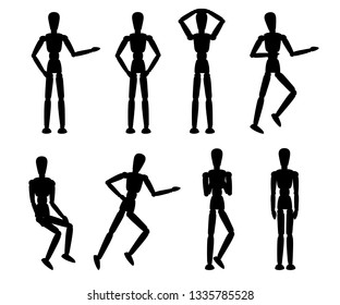 Black silhouette. Wooden mannequin collection. Dummy with different poses. Cartoon flat style. Vector illustration isolated on white background.