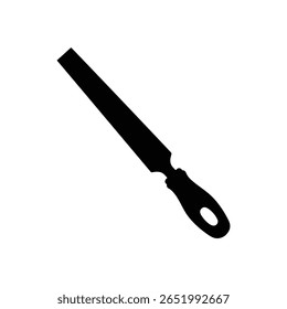 Black silhouette of a woodworking file against a white background The file is depicted at an angle with a simple handle. The style is minimalist and vector based.