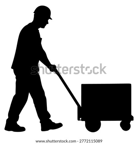 A black silhouette of a worker wearing a hard hat and pushing a cart.