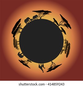 Black silhouette of world with animals, elephant, giraffe, isolated on orange sun background