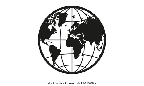 A black silhouette of the world globe displaying continental landmasses and a grid-like meridian structure. It is a vector illustration.