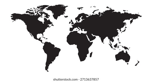 Uma silhueta preta de um mapa do mundo sobre um fundo branco, mostrando continentes e países em uma representação simples e clara