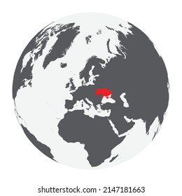 Black silhouette of world map with red Ukraine silhouette isolated on white background