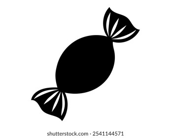 Black silhouette of a wrapped candy isolated on a white background. Concept of sweet treats, dessert, simple illustration, minimalistic design, confectionery, icon for prints and designs