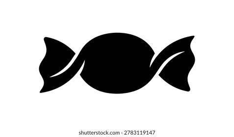 A black silhouette of a wrapped candy on a white background, a simple illustration of a confectionery treat.
